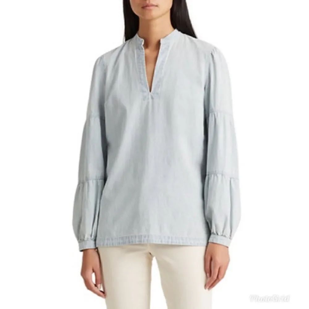 Revolve Lauren Ralph Lauren Chambray Puff Sleeves V-Neck Top